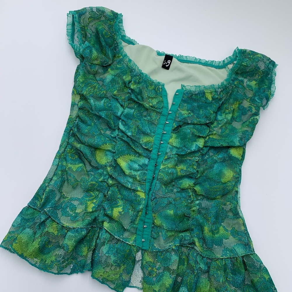 Vintage Lace Corset Blouse Ruffled Tie Dye Green Y2K Fairy Core Medium